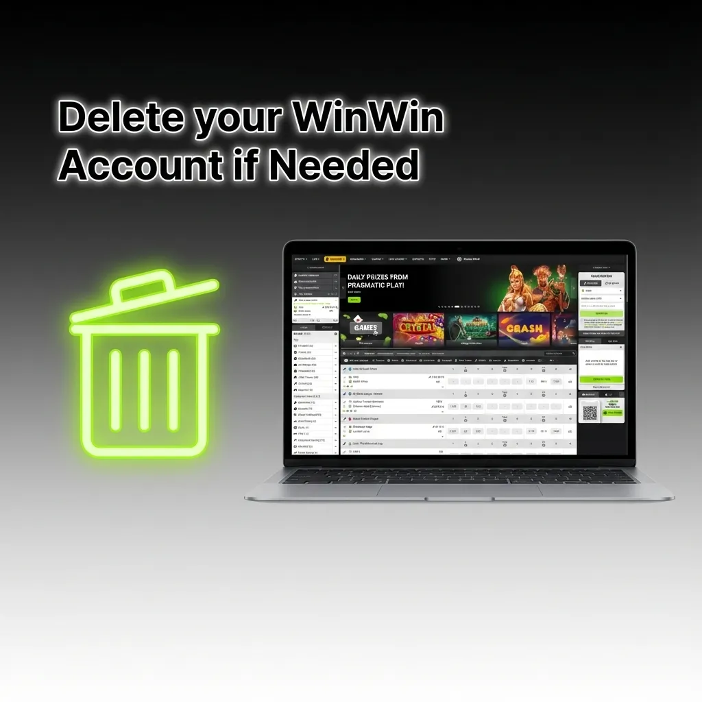 Illustration of a user deleting a WinWin gambling account through app settings with support confirmation