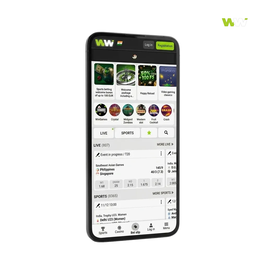 Smartphone showing WinWin betting app with Bangla text, casino games, payment logos and “Download for Android & iOS” buttons