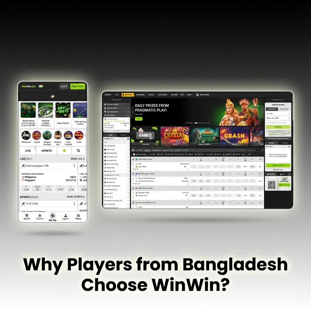 Bangladesh-focused WinWin ad highlighting local payment methods, low limits, casino and sports betting on mobile devices