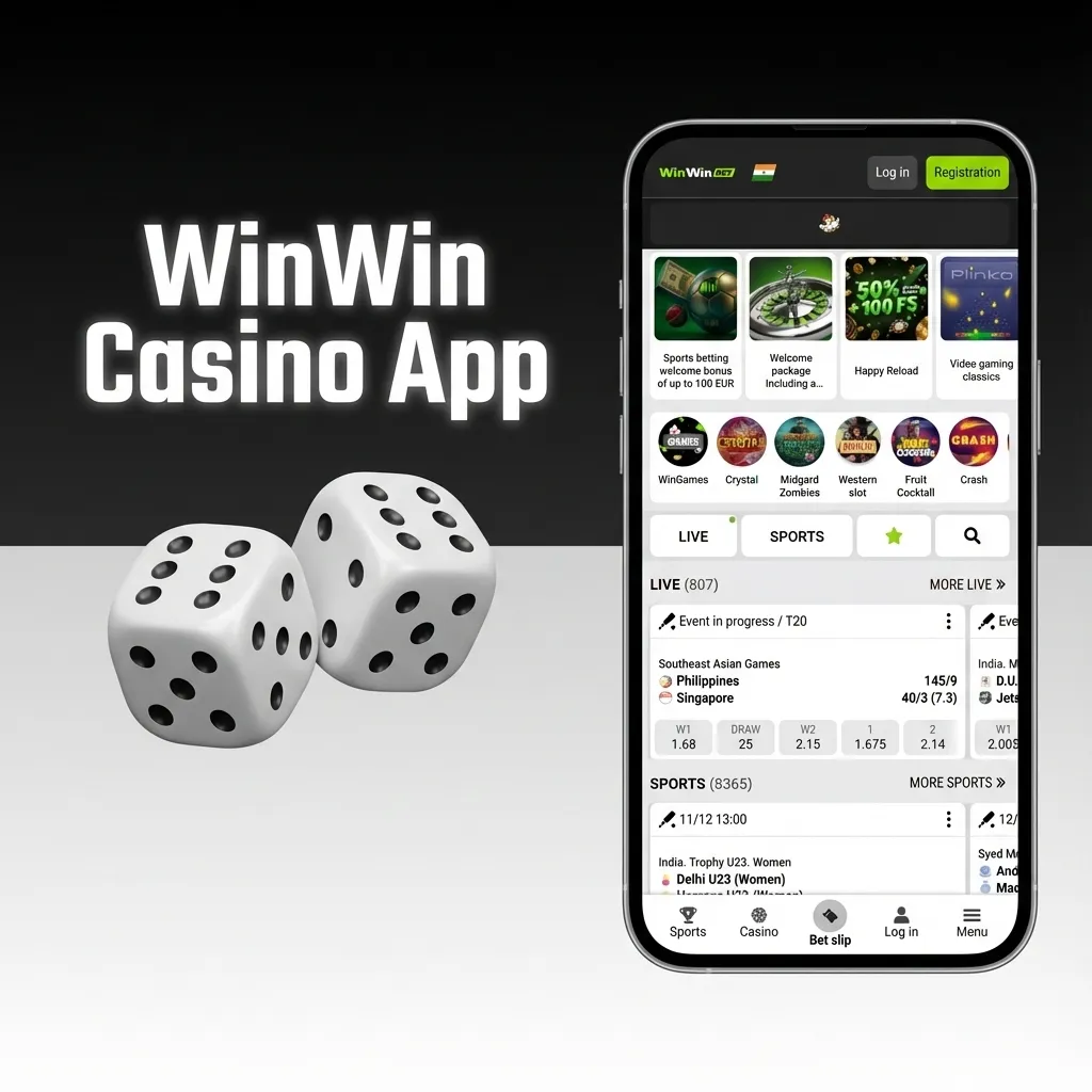 Smartphone screen showing WinWin casino app lobby with slots, live tables, and sports betting tabs for quick switching