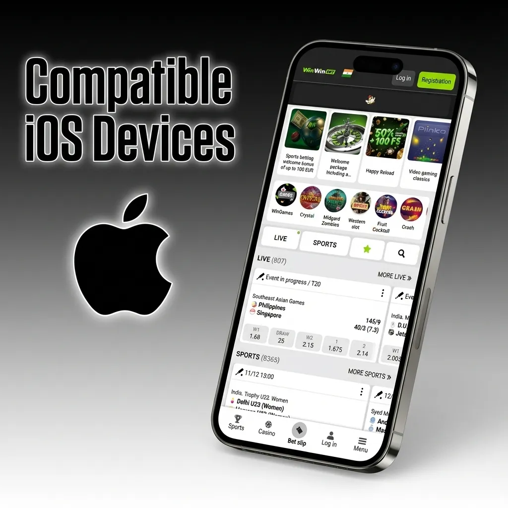 WinWin app compatibility graphic showing supported iPhone X–15 series and iPads running iPadOS 12 or later.