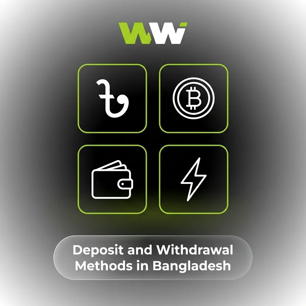 Icons of bKash, Nagad, Rocket, Upay, Mob Cash, TAP, Perfect Money and crypto showing deposit and withdrawal options in Bangladesh