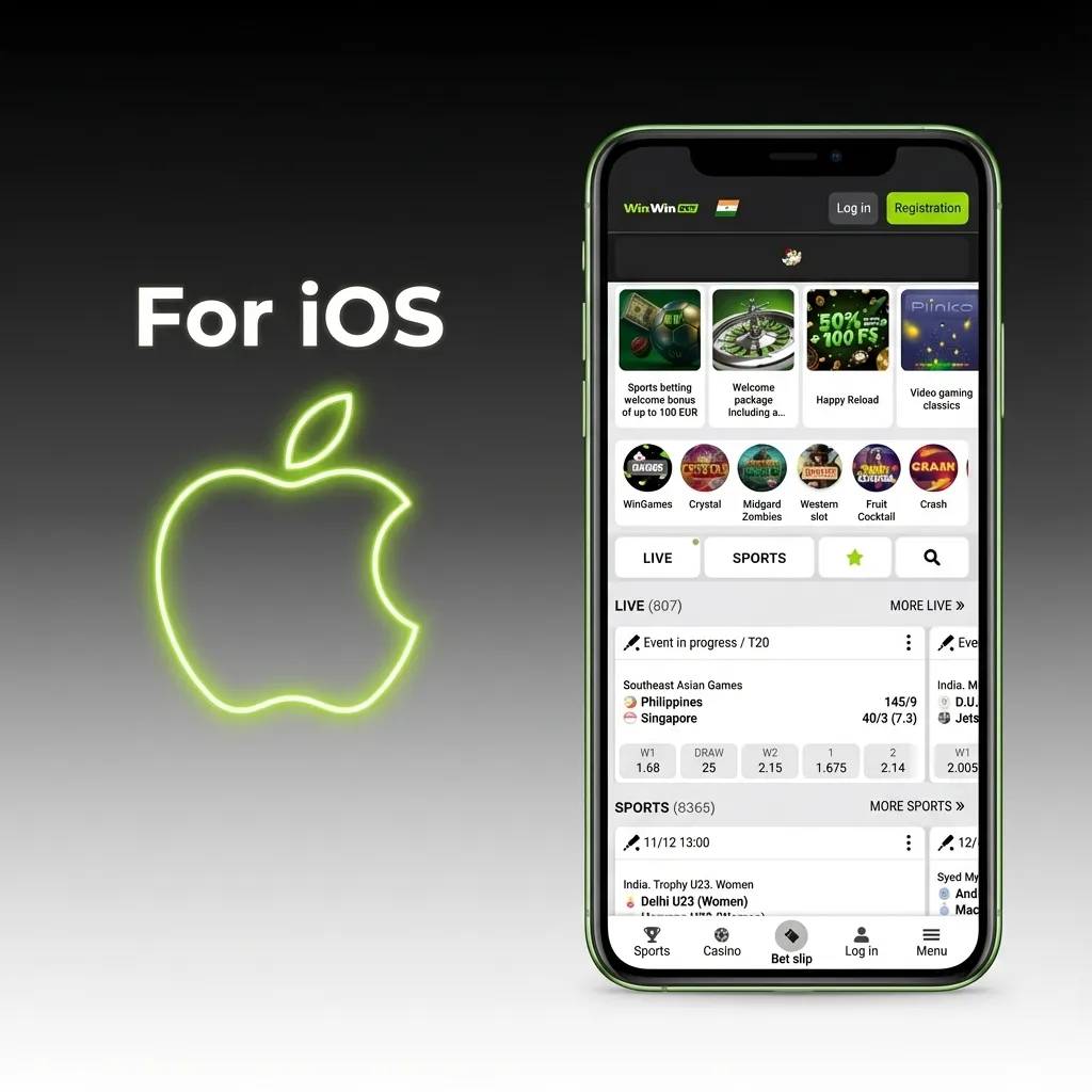 Illustration of WinWin casino app on iPhone and iPad with App Store download steps and gameplay icons