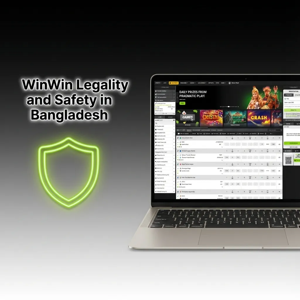 Infographic on WinWin online casino legality and safety in Bangladesh, highlighting licensing, SSL security and responsible gaming tools