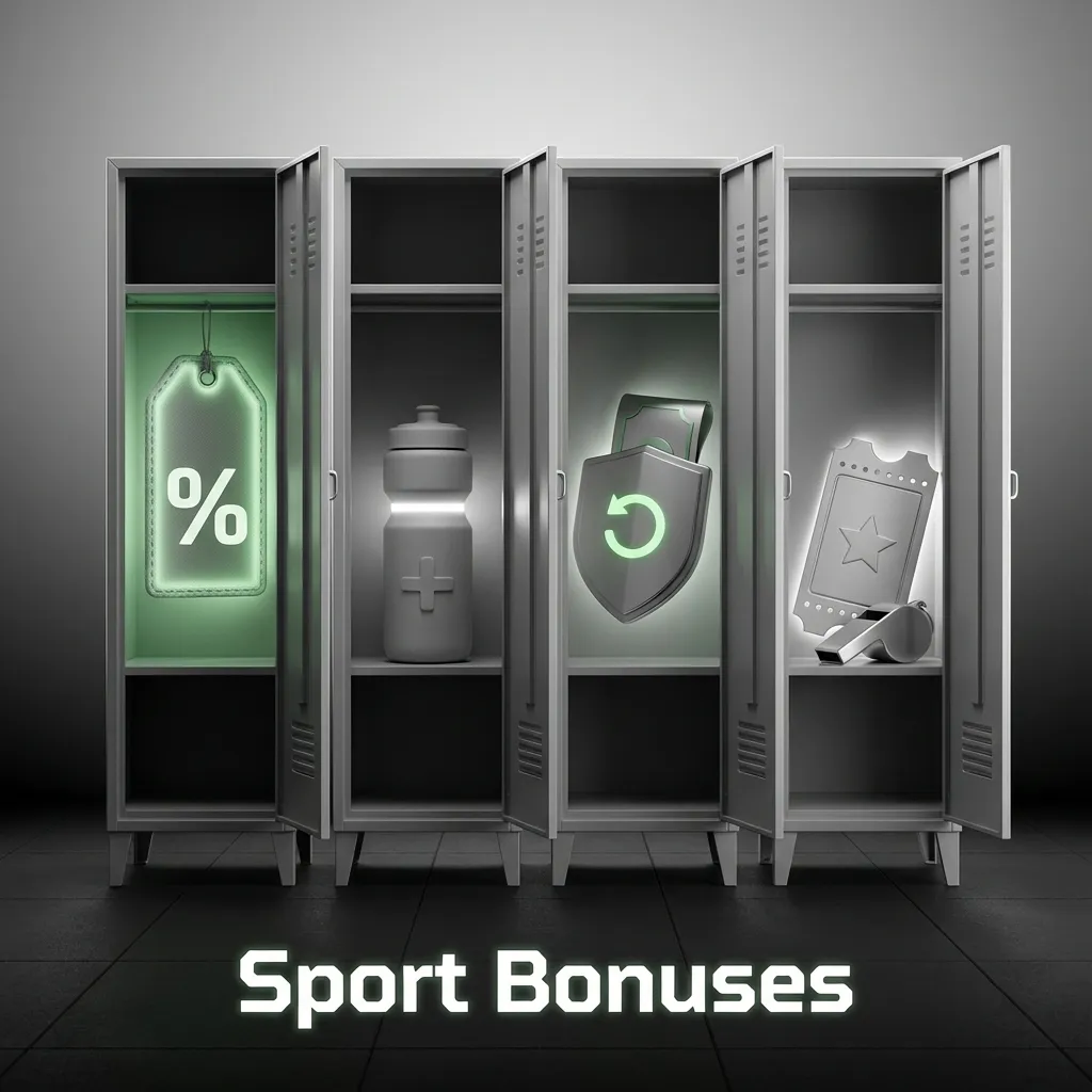 Illustrated promo banner showing sport bonuses: first deposit bonus, reload bonus, free bets, and cashback offers